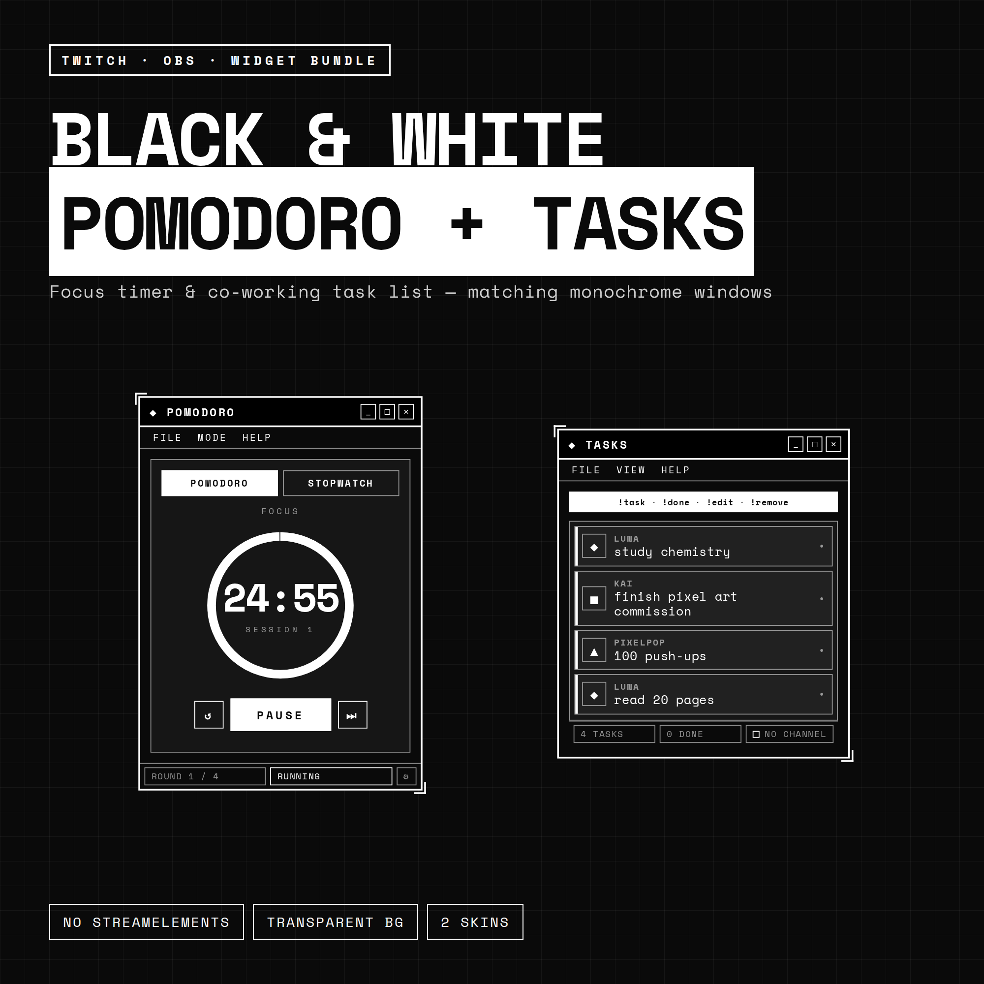 Black & White Pomodoro Timer + Task List